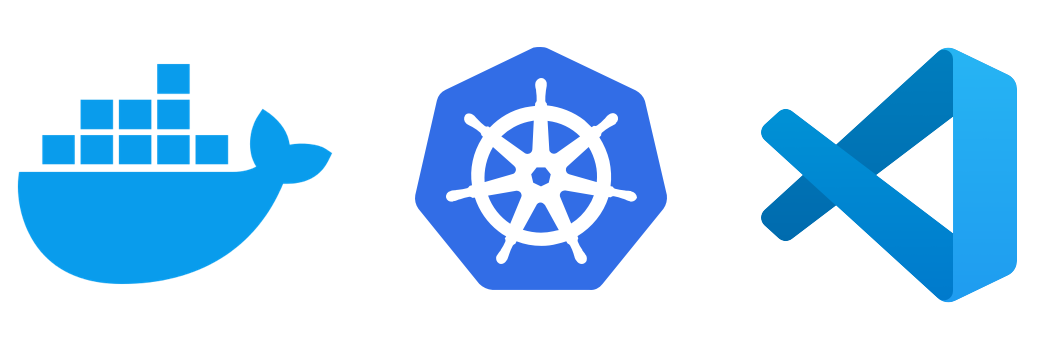 Icons of Docker, Kubernetes, and Visual Studio Code