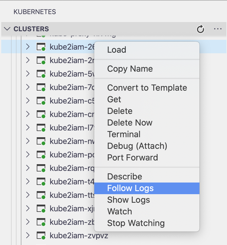 Screenshot of VS Code Kubernetes extension's right-click context menu