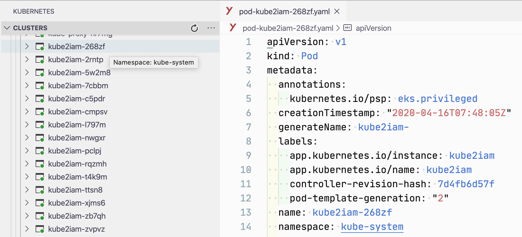Screenshot of VS Code Kubernetes extension showing pod YAML definition