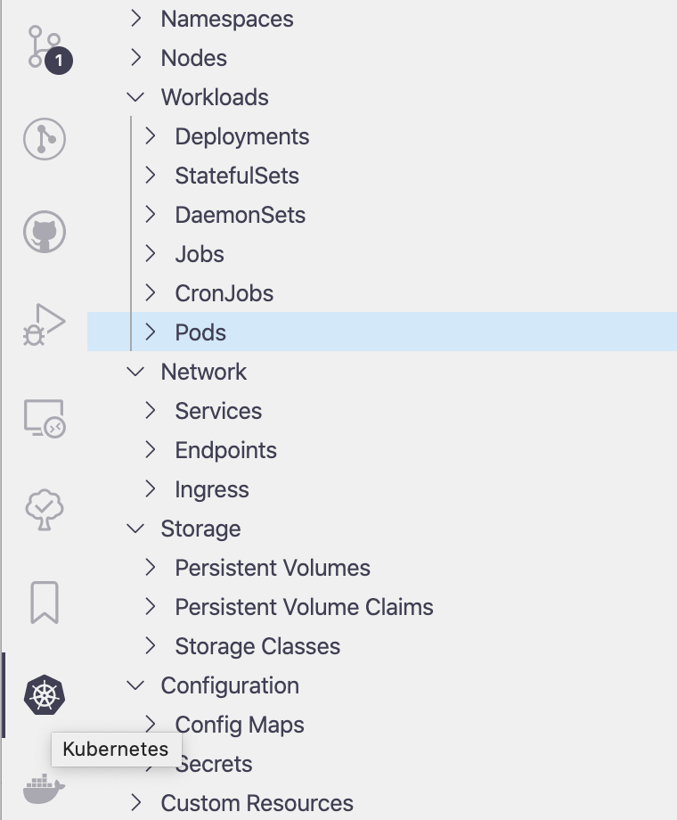 Screenshot of VS Code Kubernetes extension's sidebar